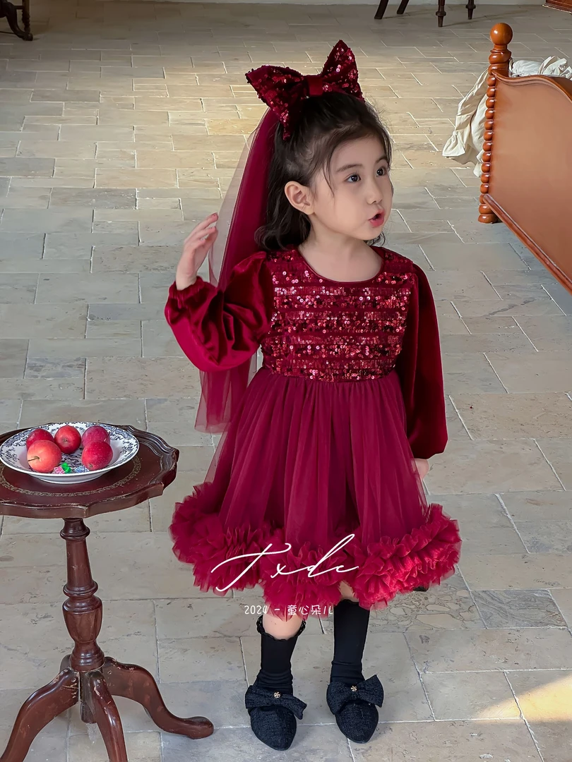 现货原创特制重工秋冬加绒红色生日周岁圣诞新年礼服套装（两件套）