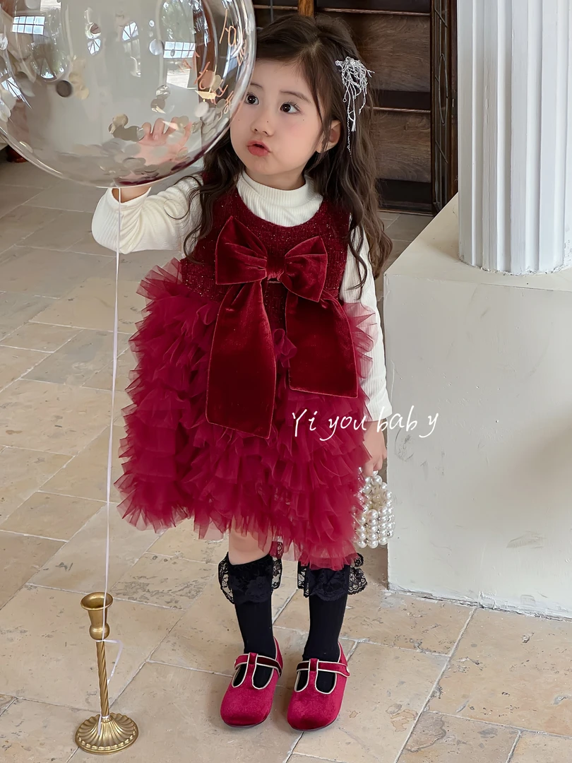 原创！24重工新款蝴蝶结生日蓬蓬公主周岁新年服公主风套装两件套