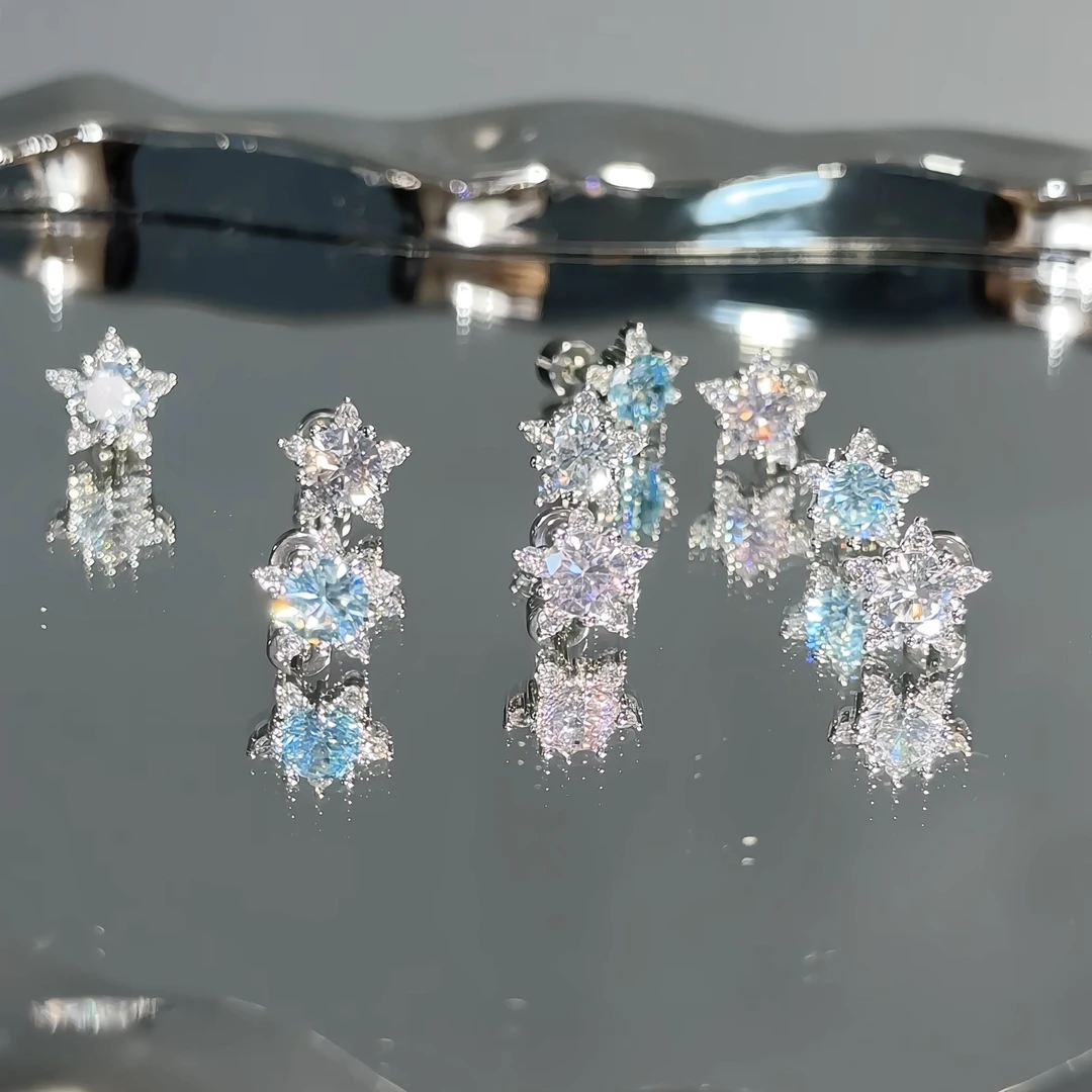 钛钢合成锆石耳饰 超闪的满锆星星耳钉 钛钢耳钉耳骨钉耳蜗钉