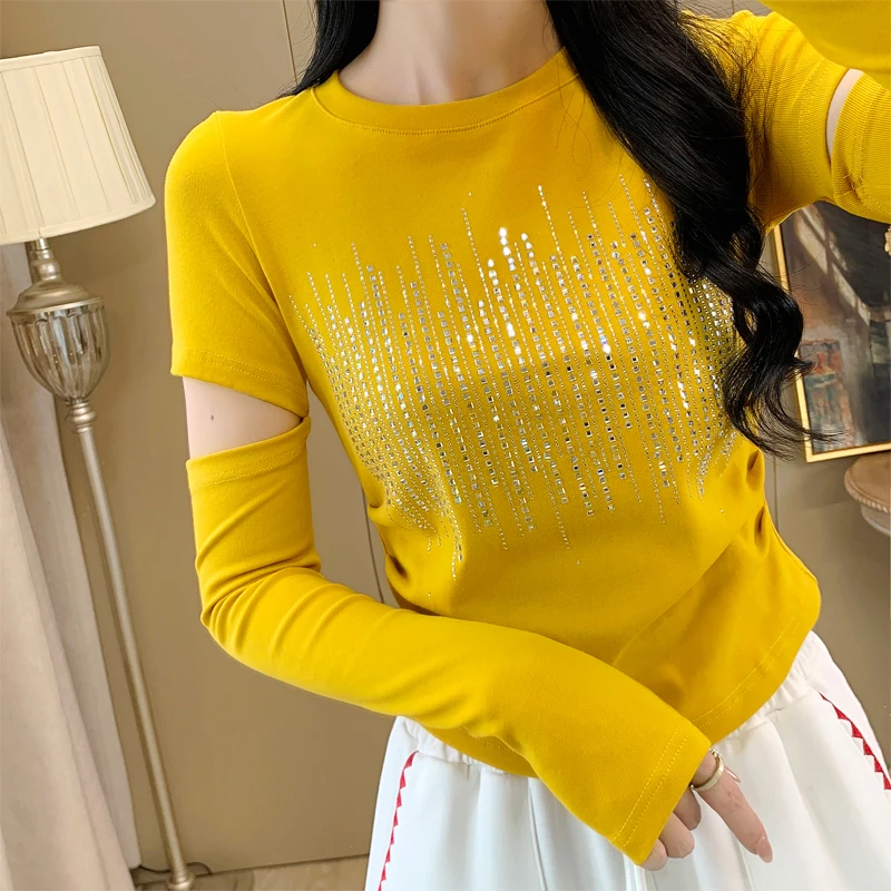 网红爆款修身长袖t恤女2025春装新款跳舞爵士舞曳步舞服烫钻上衣