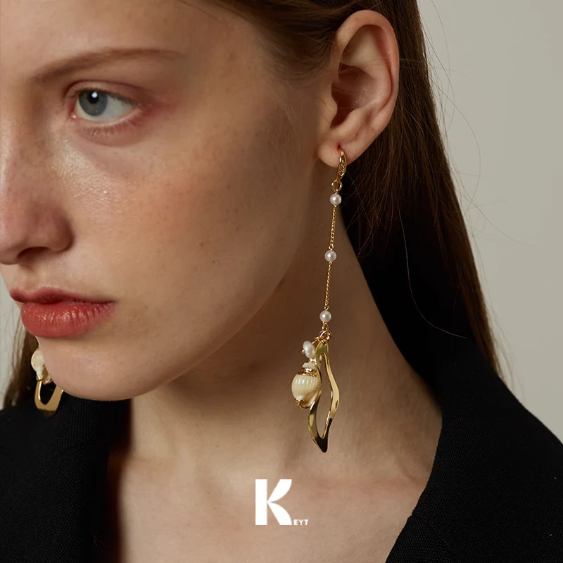 KEYT 铜合金耳饰 叶形坠子海螺金属拼接不规则耳环手工气质法式