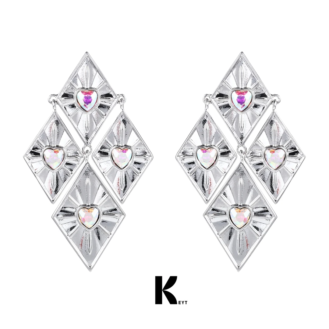 KEYT 铜合金合成锆石耳饰 菱形镶嵌爱心造型耳饰