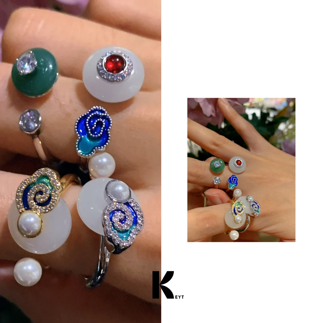 KEYT 铜合金合成锆石戒指 新中式四色珠珠造型开口戒指
