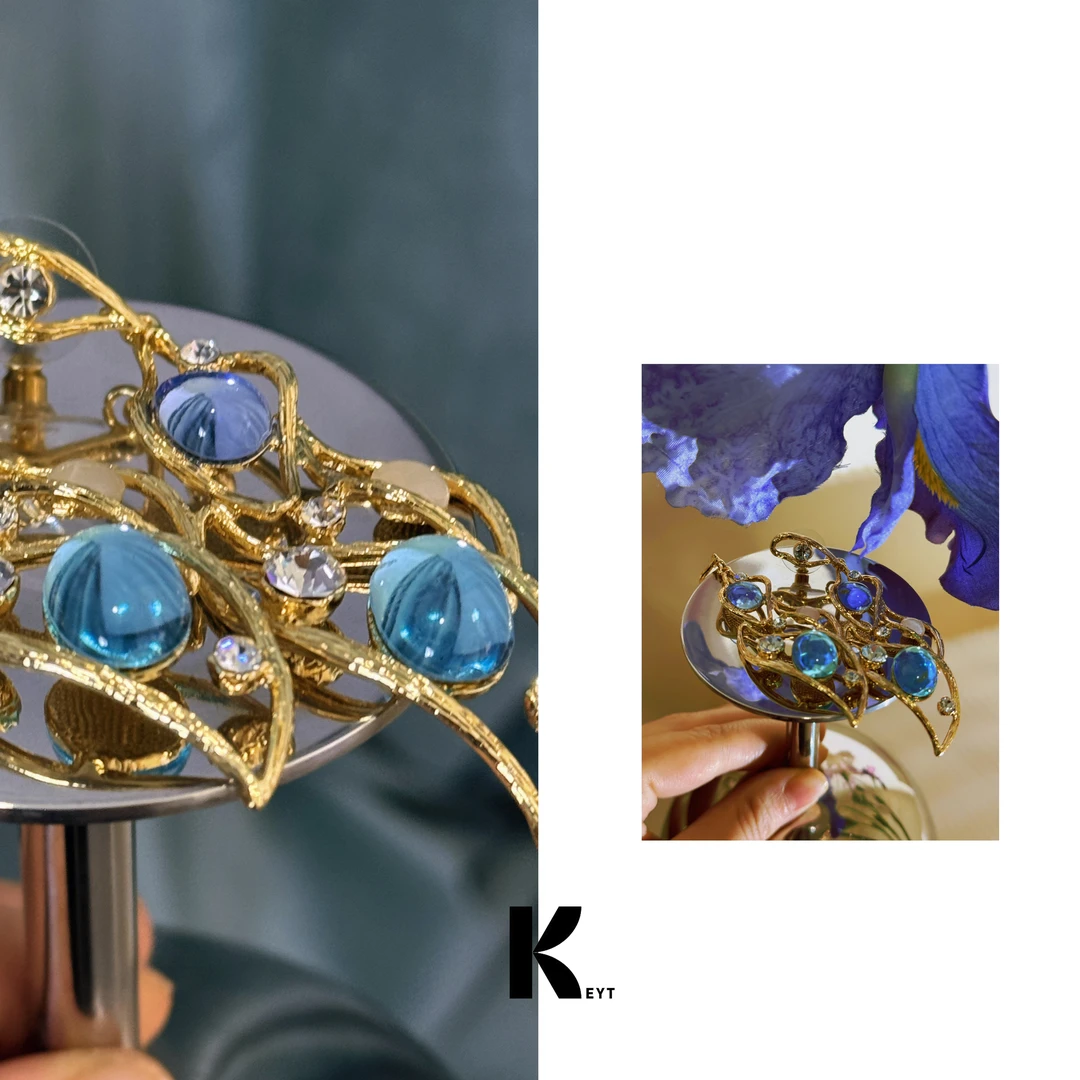 KEYT 铜合金耳饰 蓝珠镂空金叶造型耳饰