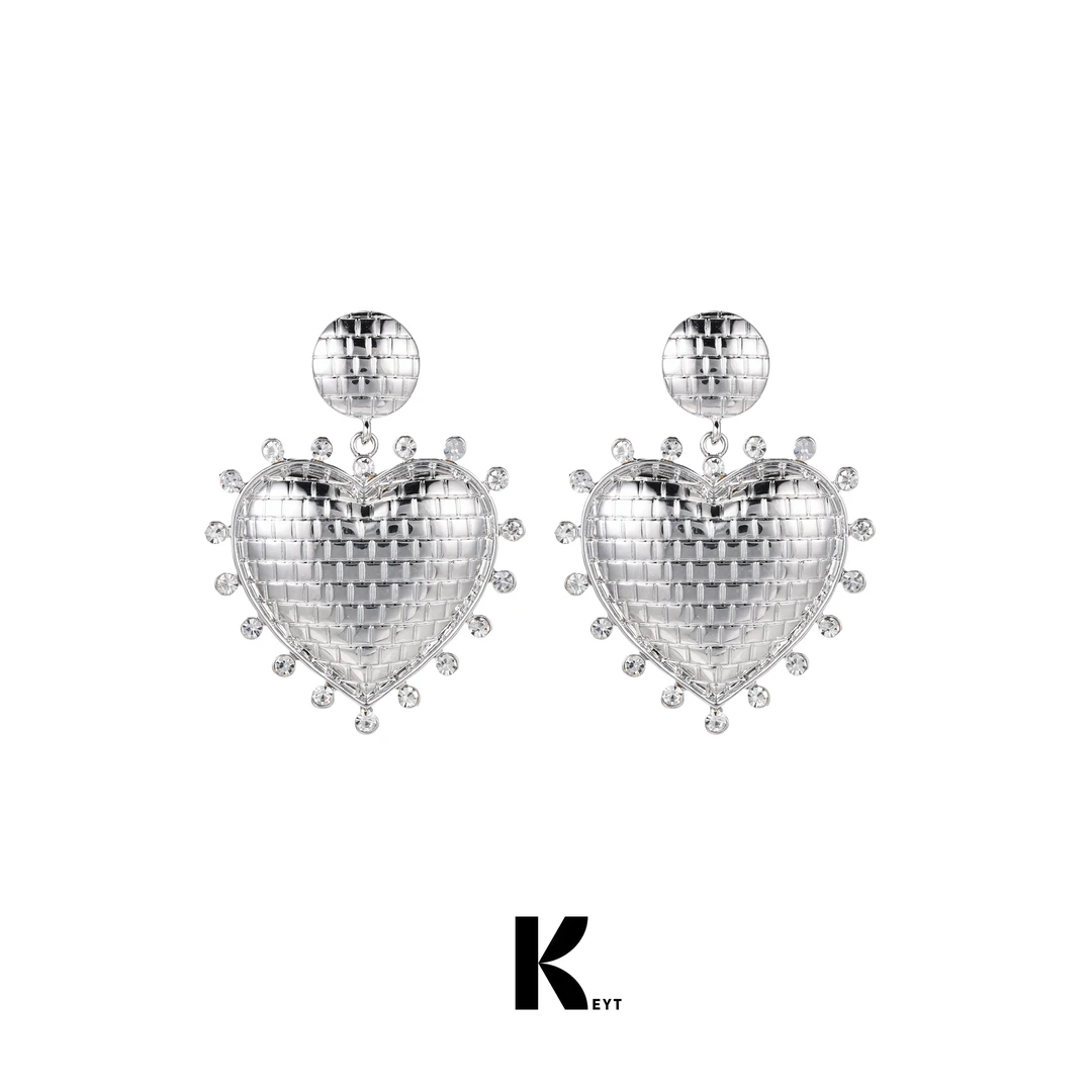 KEYT 锌合金合成锆石耳饰 华夫格子银色爱心造型耳环