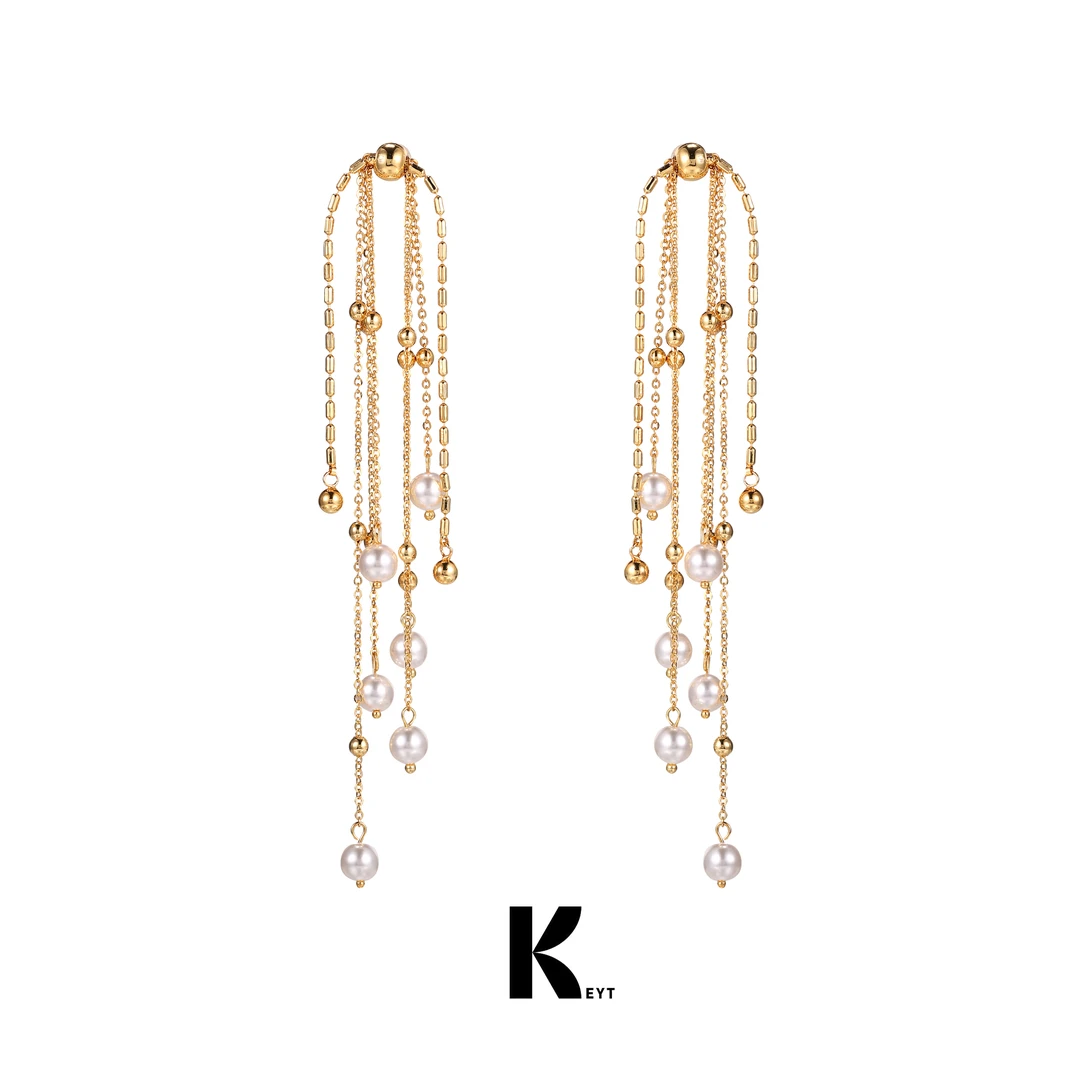 KEYT 铜合金仿珍珠耳饰 金色链条珠珠流苏耳饰