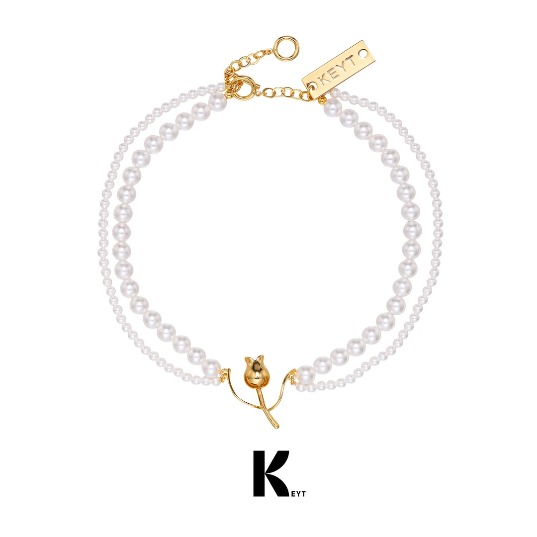 KEYT 铜合金仿珍珠项链 一朵金色玫瑰花简约项链