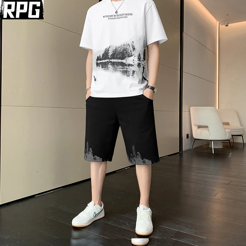 国潮短袖t恤套装男新款夏季男装休闲短袖短裤一整套体恤两件套装