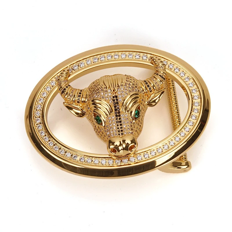 轻奢不锈钢生肖牛头皮带扣平滑扣百搭时尚满钻腰带扣男士裤带金色