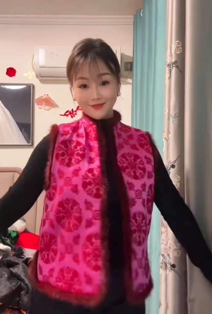 「桃夭」新中式国风 2024新款人丝樟绒拼水貂加棉百搭马甲