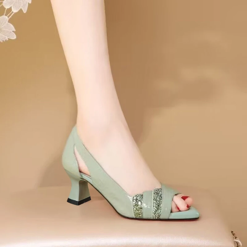 包跟鱼嘴凉鞋/牛皮/34-40/3931漆皮细高跟鱼嘴鞋时装女士真皮皮鞋