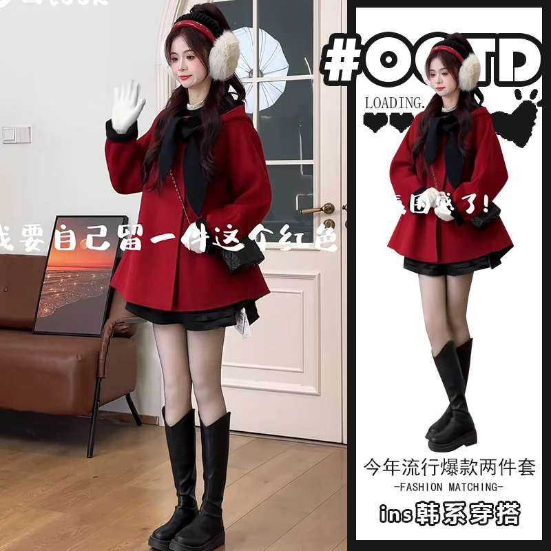 奶系穿搭炸街套装秋冬季时尚气质圣诞红毛呢外套法式木耳边连衣裙