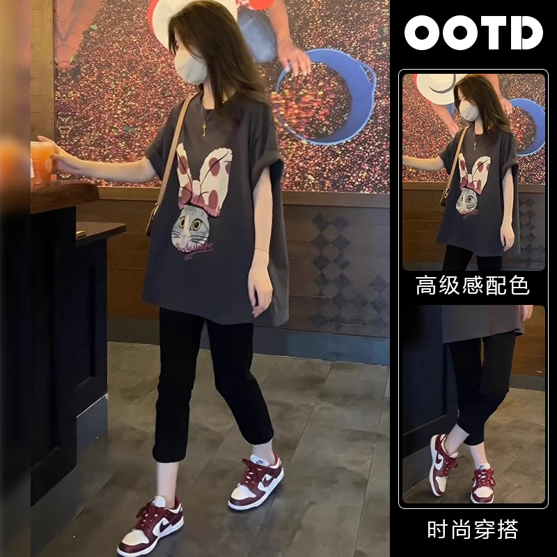 夏天穿搭套装2024新款女装时尚印花T恤上衣+黑色铅笔裤炸街两件套