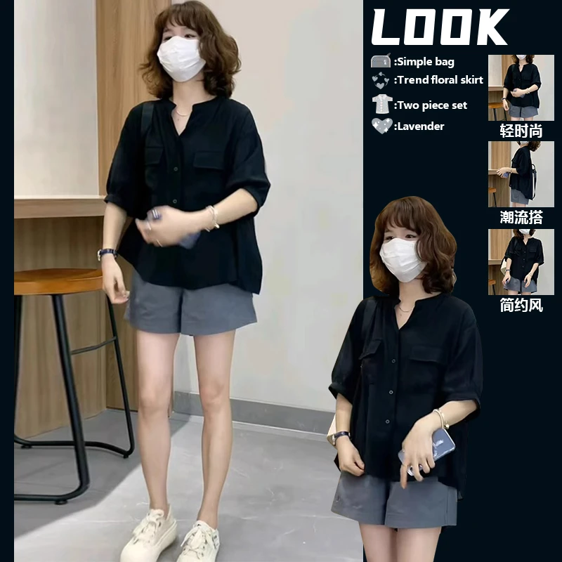 夏装搭配一整套显瘦套装女装2024爆款黑色薄款上衣搭短裤子两件套