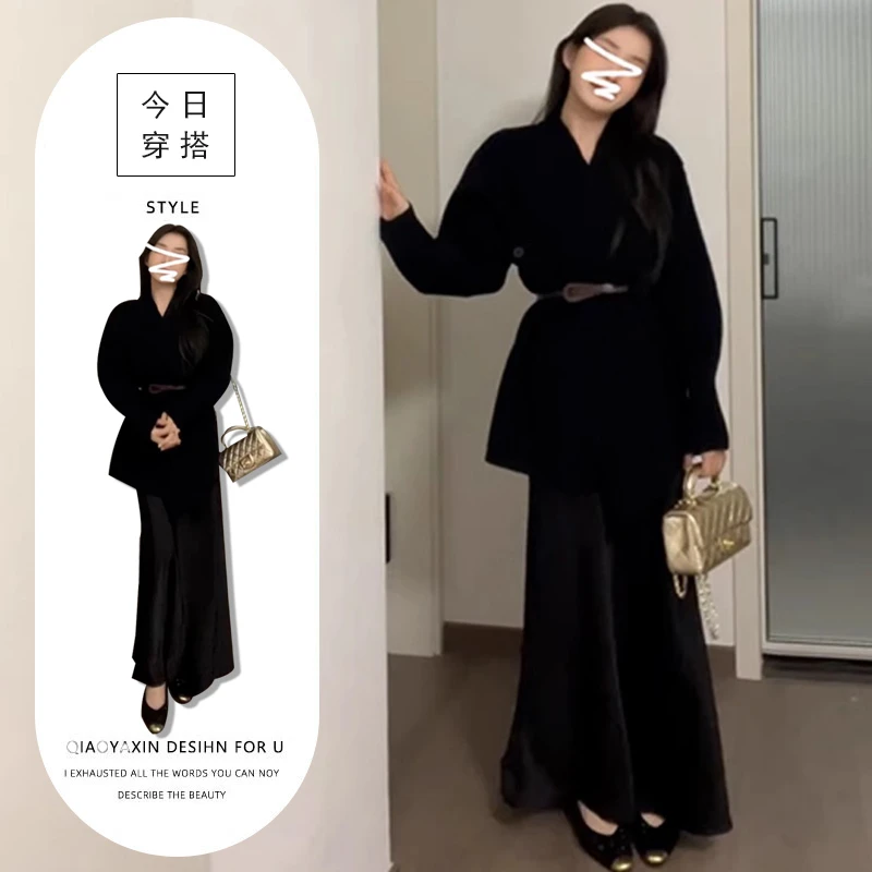 复古港风两件套女慵懒风气质宽松长袖毛衣外套+高腰中长款半身裙