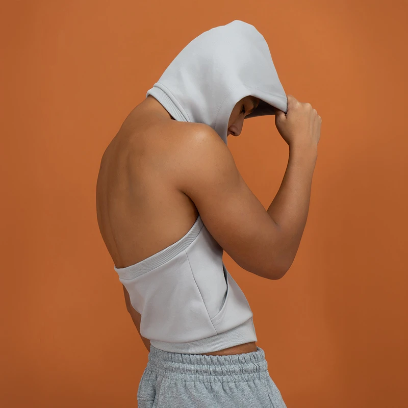 CLP灰绿露背连帽背心无袖卫衣短款修身运动弹力拉链外套马甲男女