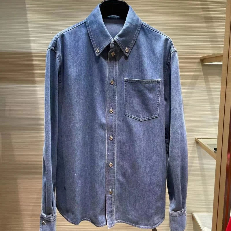 专柜同款女装秋季新款宽松复古蓝色翻领牛仔衬衫外套1300939