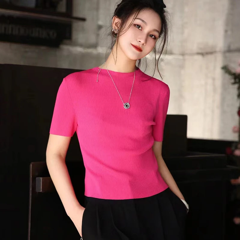 商场同款女装春夏修身洋气百搭纯色针织冰丝短袖打底T恤5399601