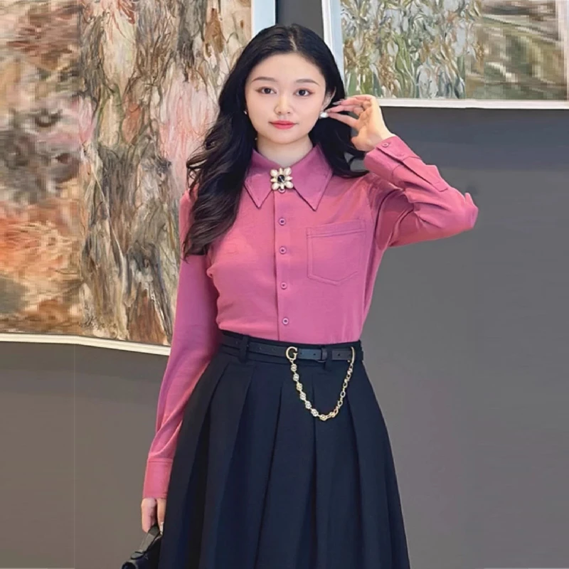 商场同款女装秋冬新款气质百搭收腰纯色羊毛长袖衬衫1301044