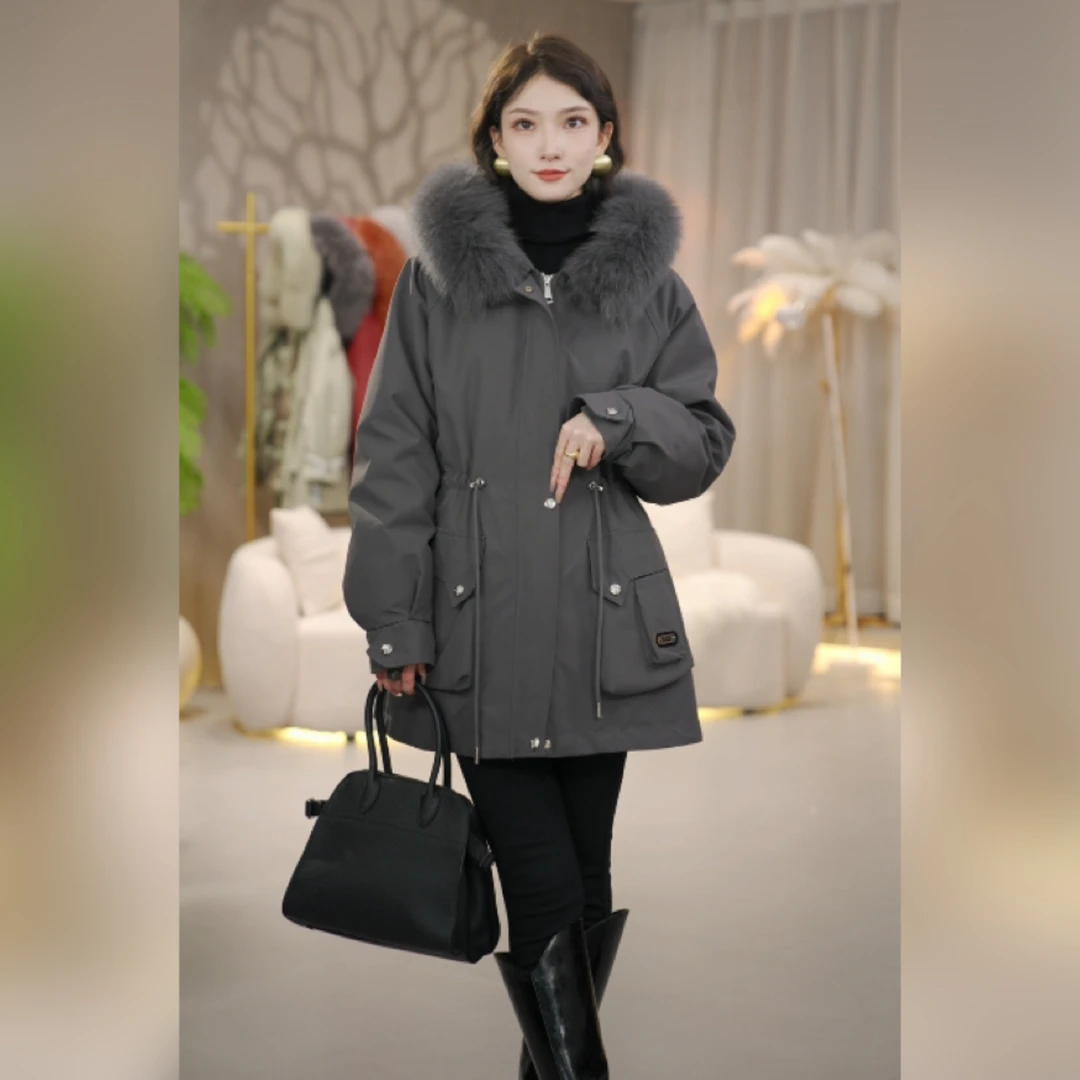 『温香玉02』2024显瘦百搭宽松版派克服兔毛内胆可拆卸连帽时尚女士