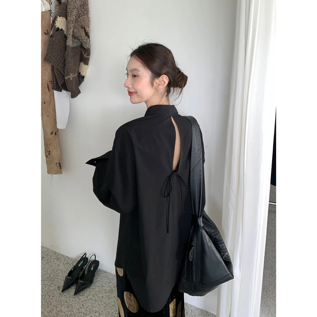 2024年秋款 设计感后背开口绑带衬衫 慵懒宽松露背衬衣长袖 FY310