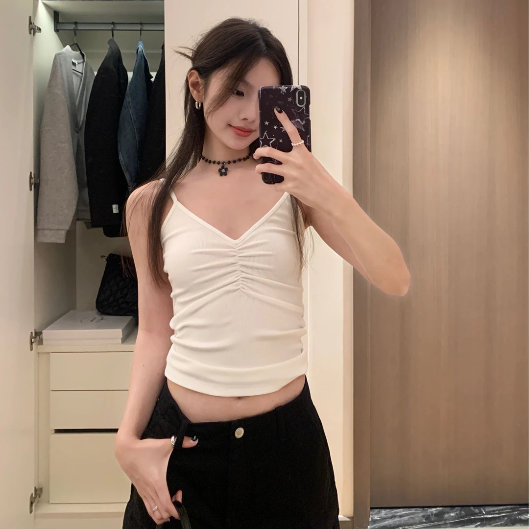 2024年春款 度假风辣妹褶皱吊带背心 夏季设计感纯欲细肩带 MY328