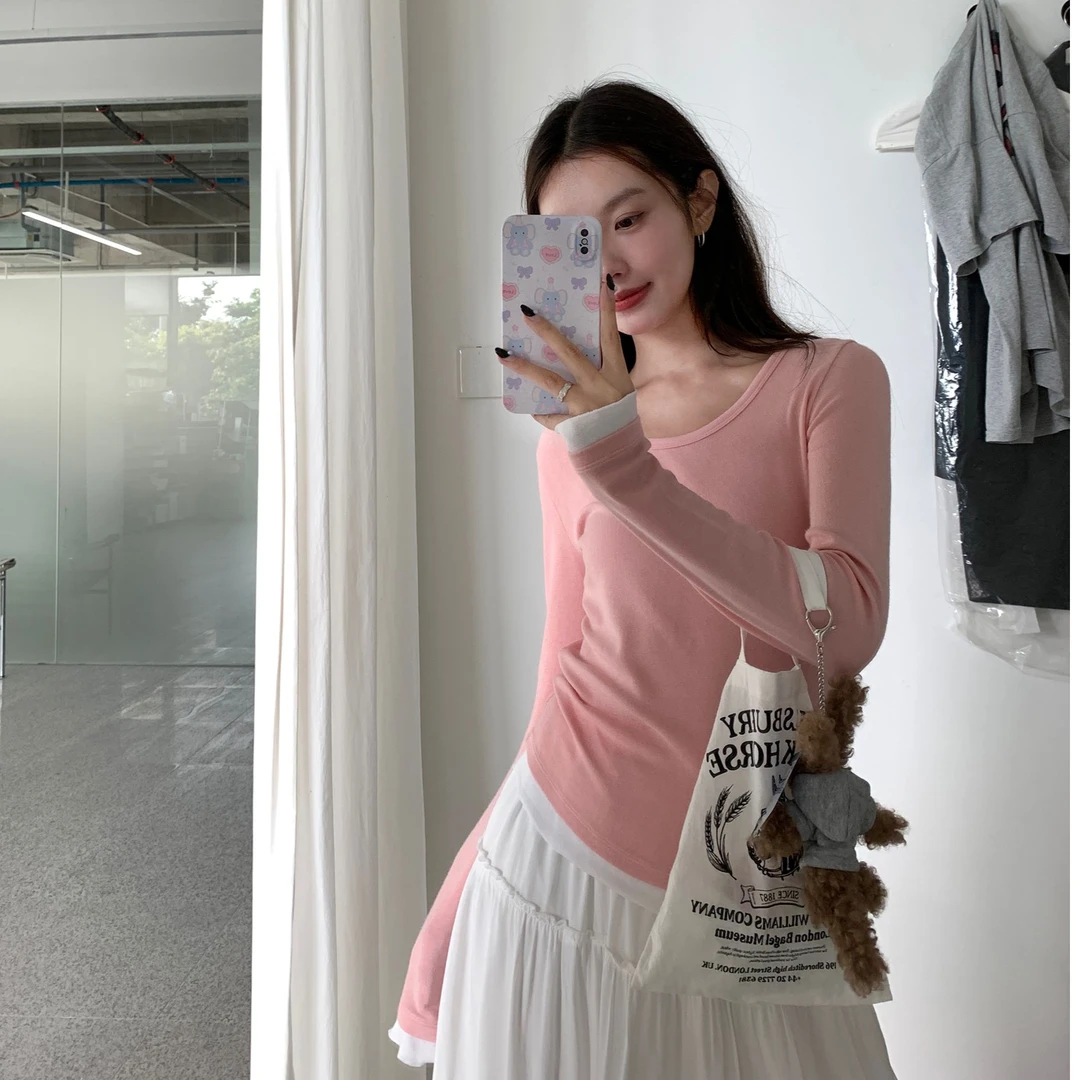 2024年初秋款 假两件撞色木耳边打底衫 U领修身显瘦减龄T恤 JP17