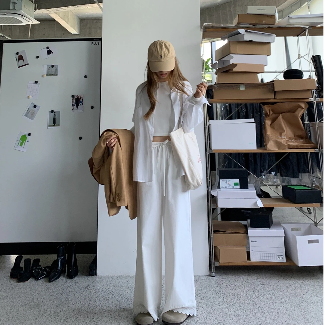 2024年秋款 重工蕾丝花边白色休闲裤 秋季设计感高腰阔腿 FY308