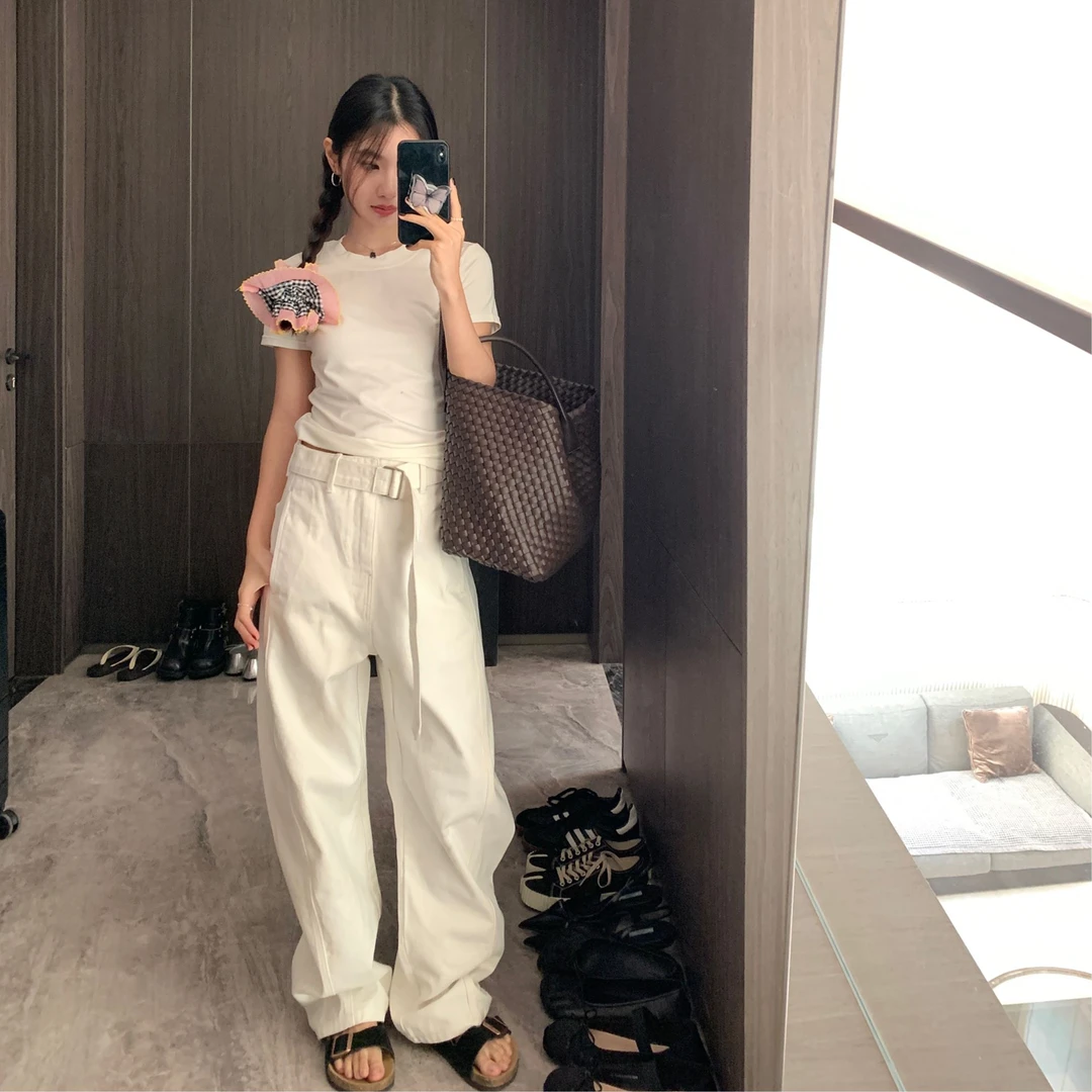 2024春款 早春复古镰刀牛仔裤 春季可调节腰带高街宽松高腰 L2339