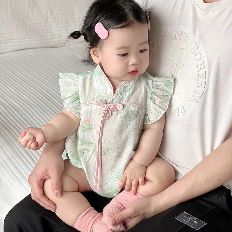 婴儿连体衣夏装薄款婴幼儿衣服短袖爬服女宝宝国风荷叶三角包屁衣