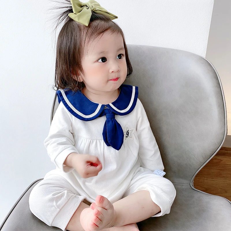 韩版婴儿连体衣春装新生儿衣服学院风长袖长裤爬服女宝宝春秋哈衣