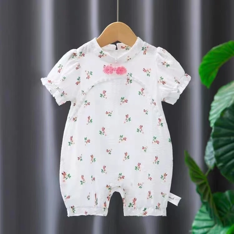 婴幼儿夏季哈衣女宝宝连体衣薄款短袖旗袍满月百天新生儿洋气公主