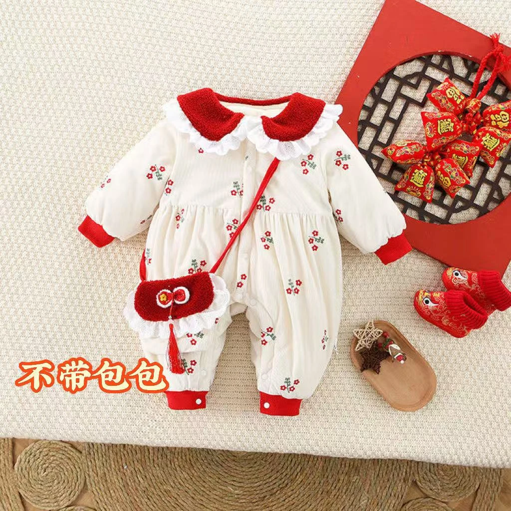婴儿秋冬季新款爬服女宝宝满月周岁哈衣秋冬加厚小樱桃绣花连体衣
