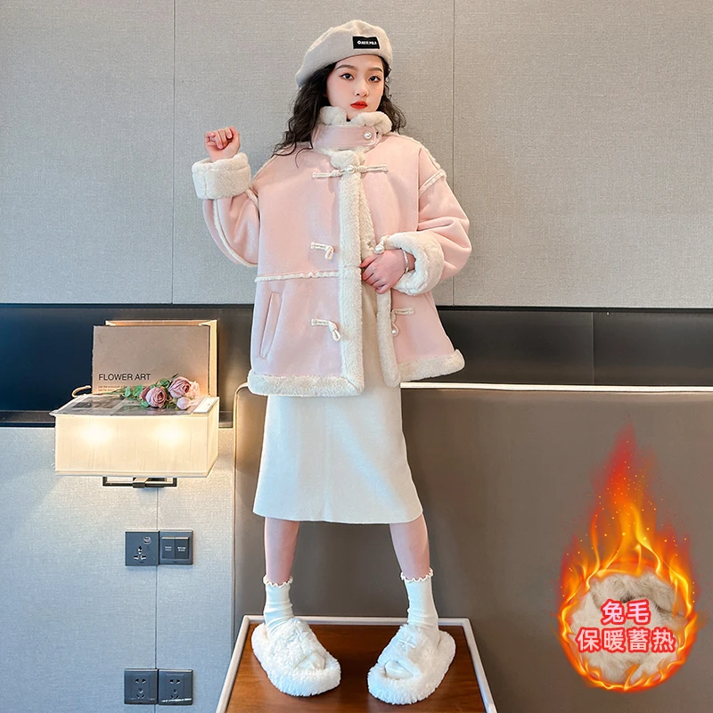 女童秋冬加绒外套2023新款中大儿童洋气加厚保暖上衣皮毛一体冬装