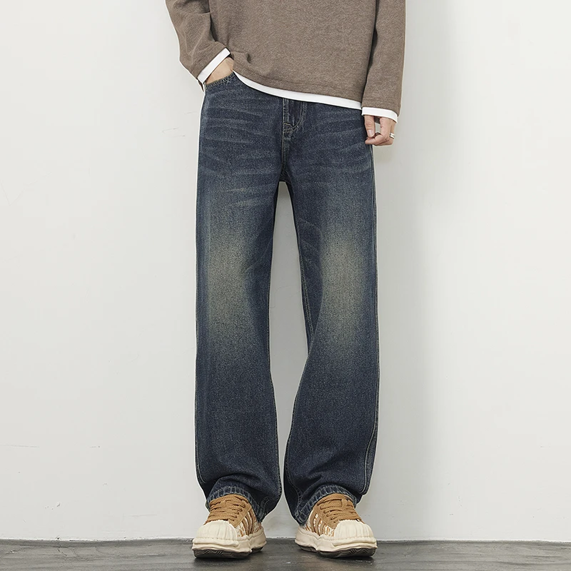 2024秋季水洗复古牛仔裤男宽松大码垂感直筒裤休闲美式长裤子