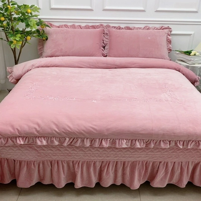 【夹棉床盖款】婴儿绒四件套 冬季纯色加厚保暖夹棉床罩防滑不跑床