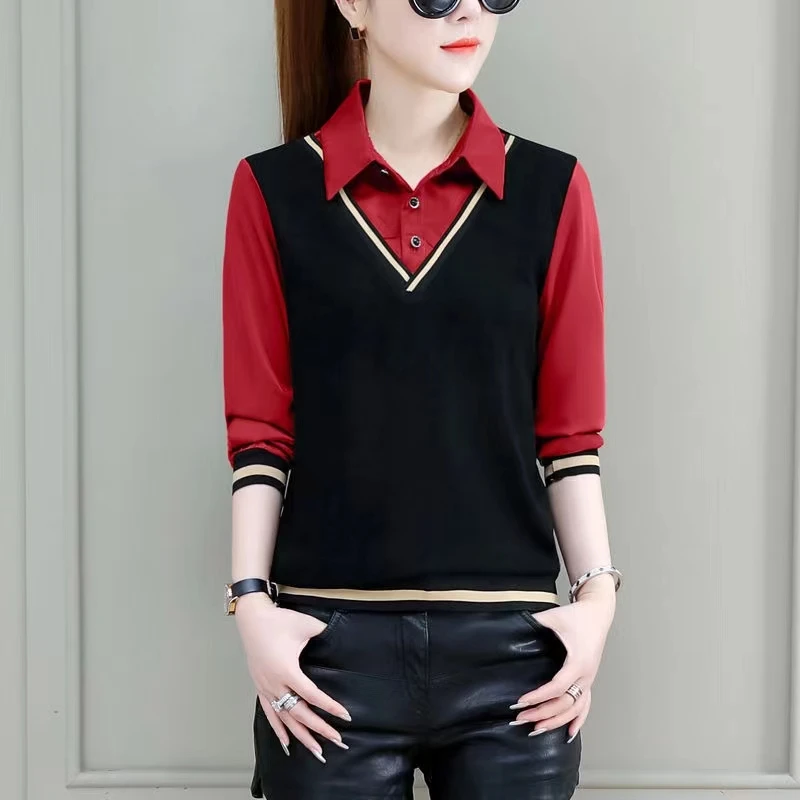 2023罗纹长袖女式衬衫春秋拼接百搭时尚打底显瘦女款衬衫气质休闲