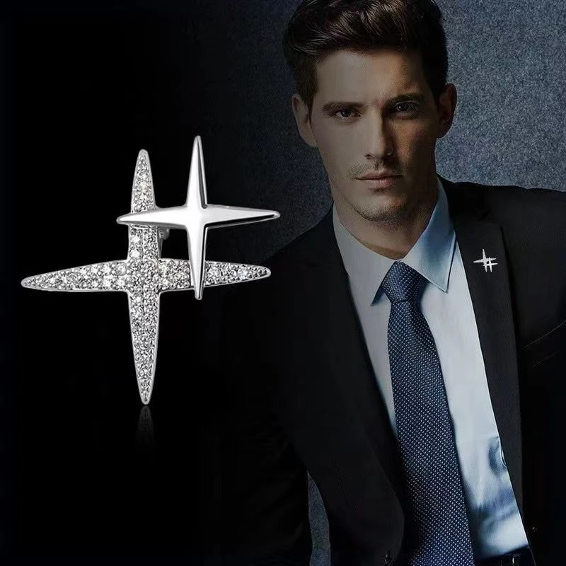 铜合金合成锆石胸针 男士双十字星星胸针镀真金微镶锆配饰品