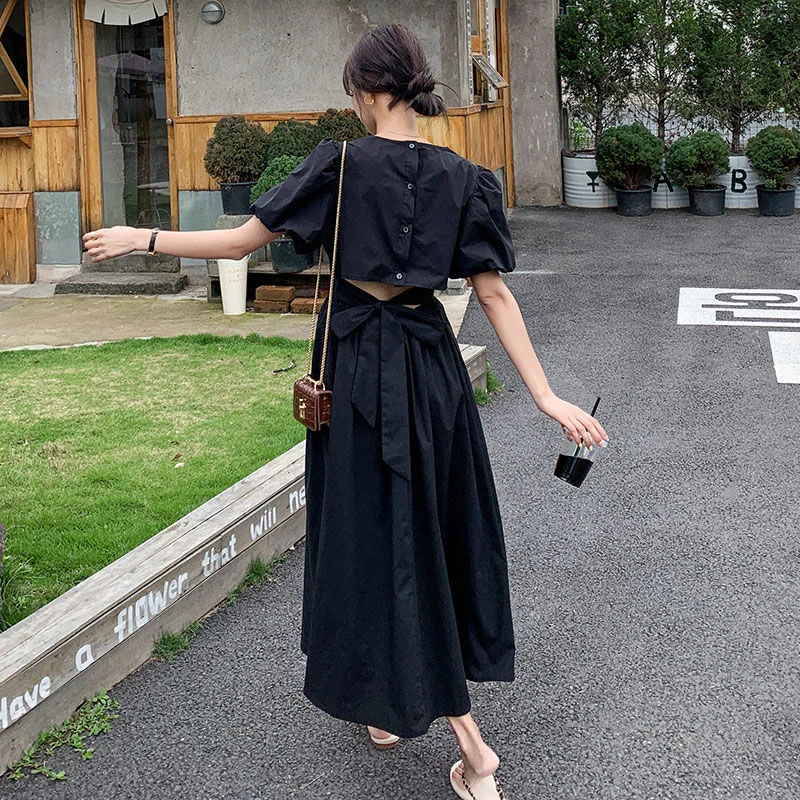 法式温柔风黑色连衣裙泡泡袖气质v领露背收腰系带连衣裙夏季裙子