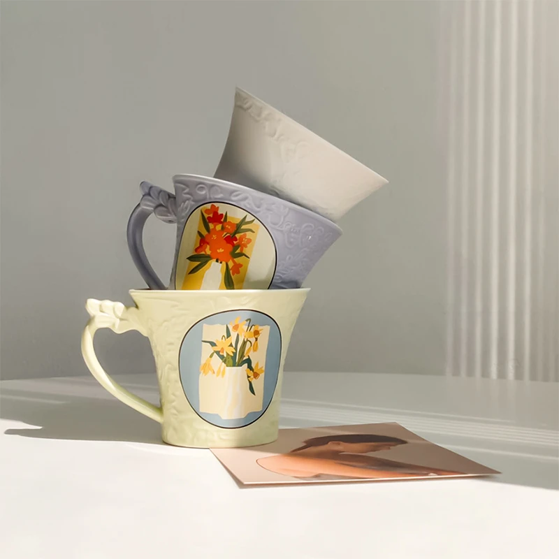 态生活复古浮雕彩色花朵相框花纹马克杯家用潮流陶瓷咖啡杯水杯子