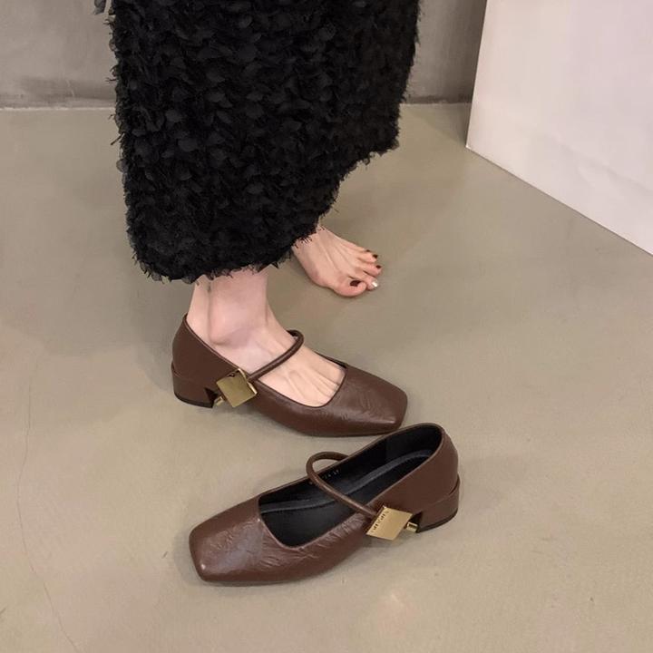 粗跟方头玛丽珍单鞋女鞋子2024新款春秋新款百搭中高跟方头晚晚鞋