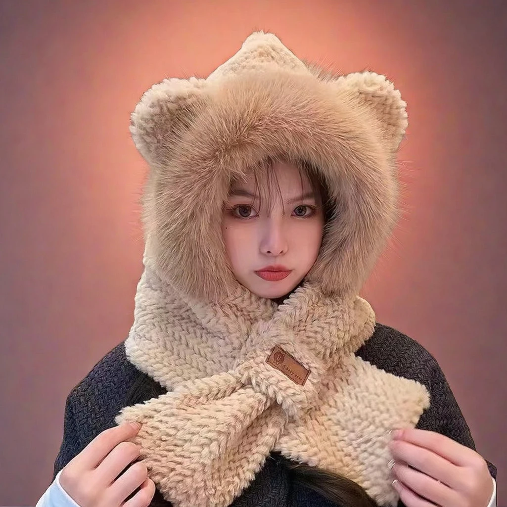 秋冬新款网红小熊帽女学生冬季围脖一体帽子韩版保暖加绒冬天帽CC
