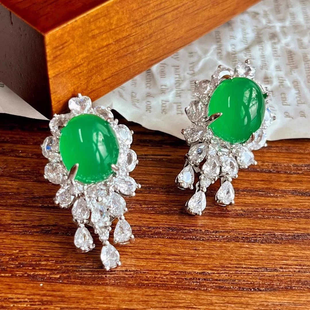 时尚百搭绿玛瑙玉髓耳钉镶嵌耳饰蛋面满绿耳坠女百搭耳环礼物