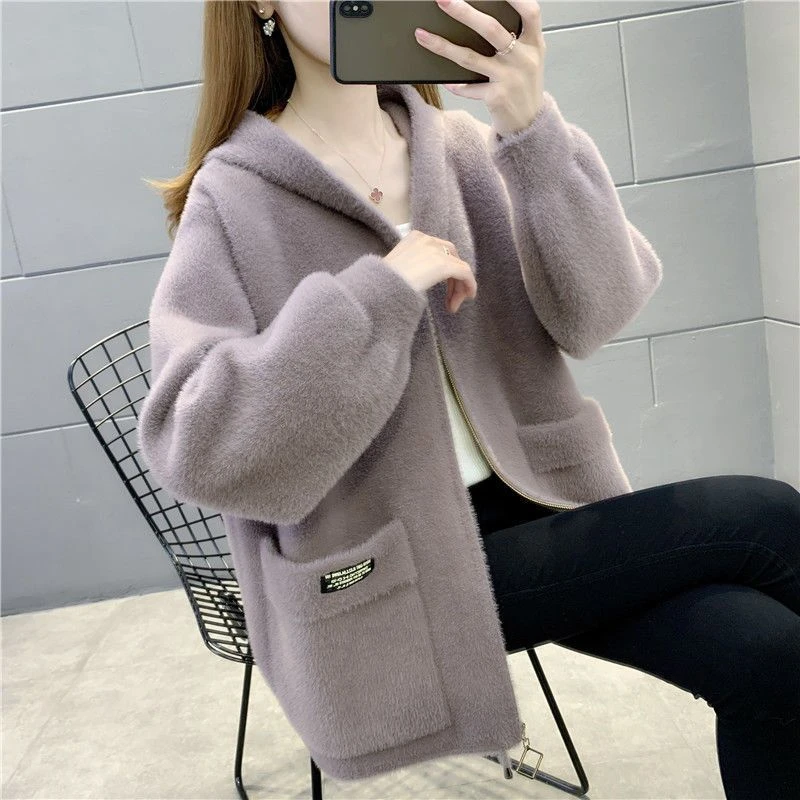 胖mm外套女大码女装仿水貂绒秋冬新款韩版宽松连帽慵懒风毛呢大衣