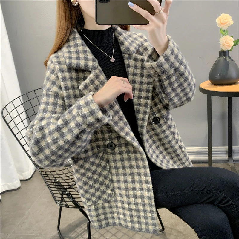 秋冬新款格子双面绒毛呢外套女新款宽松百搭加厚洋气复古呢子大衣