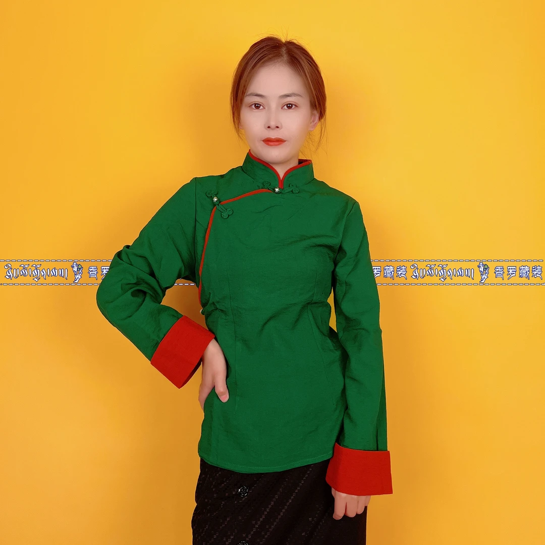 藏族女士纯色双拼款圆领藏式衬衫藏衣上衣 民族风短款拉萨装博拉