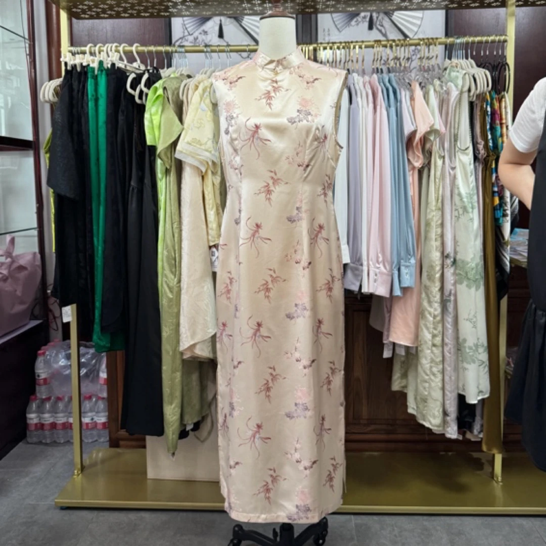 100%桑蚕丝金波段真丝无袖旗袍裙