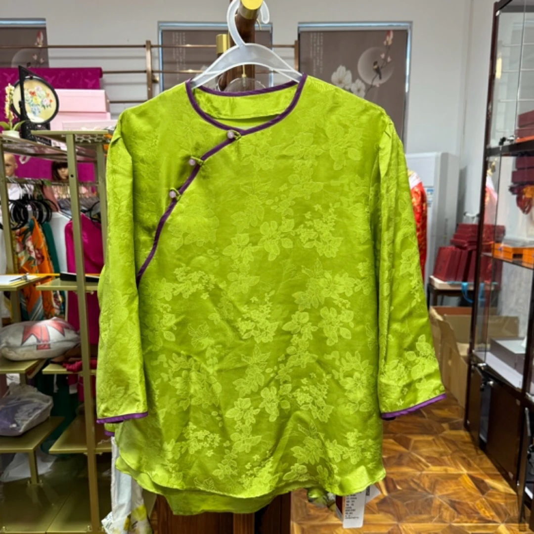 100%桑蚕丝绿色中袖新中式上衣