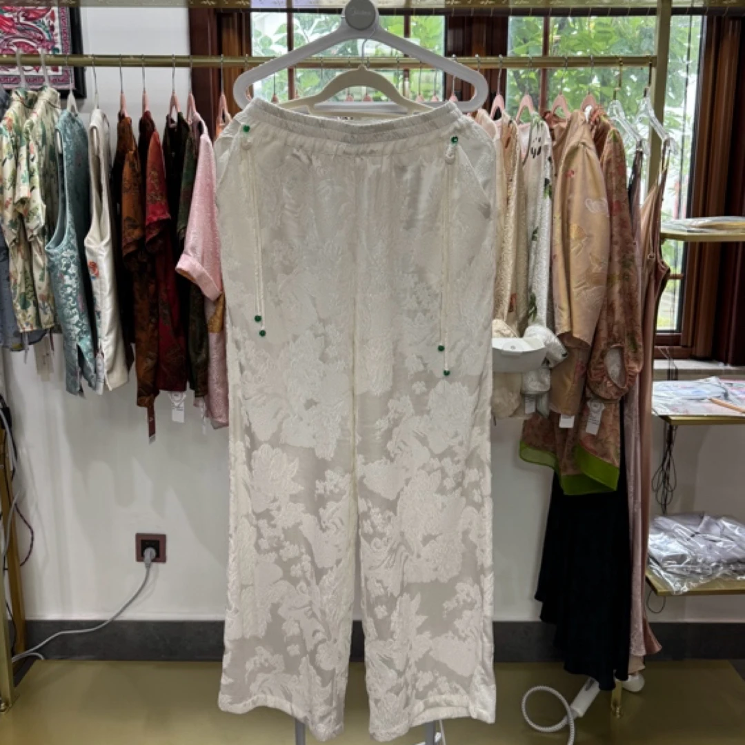 100桑蚕丝皱缎裤子白色休闲夏季