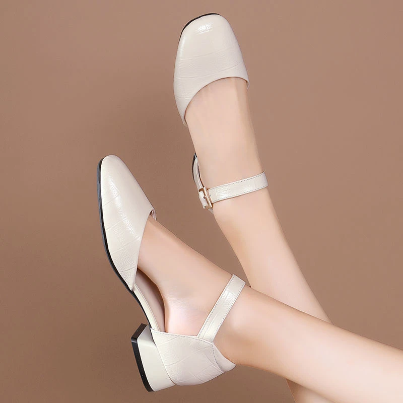 头层牛皮凉鞋真皮中空女鞋软底软面皮鞋女包头粗跟夏季低跟妈妈鞋